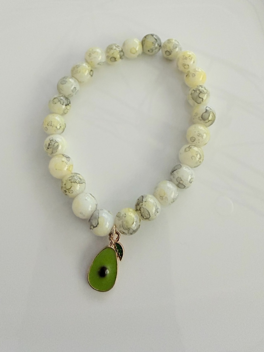 Cream and Yellow Beaded Bracelet with Avocado Charm